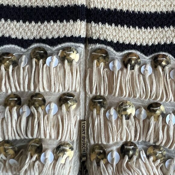 Tory Burch Dark Navy and Beige Striped Dress, Embellished Neck Line Trim - Picture 5 of 5